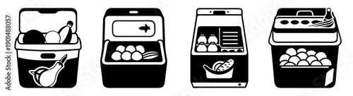 Set of four portable food cooler bags vector icons with snacks, drinks, and utensils for picnic, travel, and outdoor activities