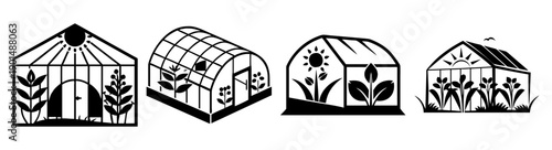 Modern greenhouse vector icons set with plants and glass structures for agriculture and eco-friendly farming design elements