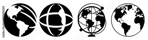 Global business network vector icon set with interconnected world maps and digital connectivity symbols