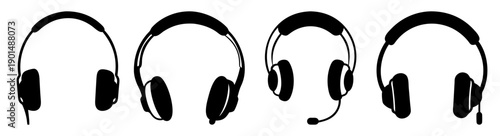 Black wireless headphones vector icon set isolated on white background minimalist design audio tech