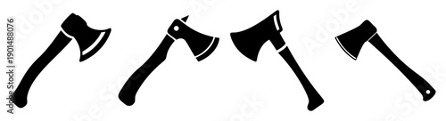 Set of four black hatchet axes vector icons isolated on white background for camping survival tools