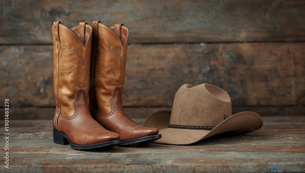 Obraz premium Western holiday with boots and hat on a wooden backdrop