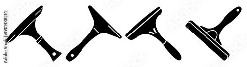Set of four minimalist black squeegee vector icons for cleaning, window washing, and commercial use isolated on white background