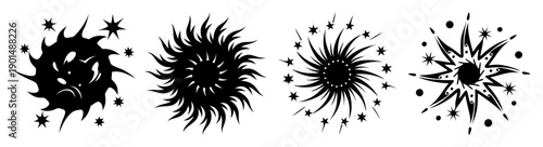 Black and white vector explosion icons set, abstract cosmic burst shapes, dynamic star flare designs for creative projects, minimalist line art