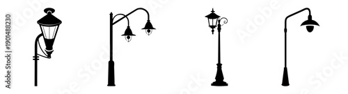 Set of four modern black street lamps vector icons isolated on white background for urban design