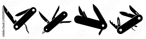 Set of black Swiss army knife vector icons isolated on white background for multipurpose tools and utility concept