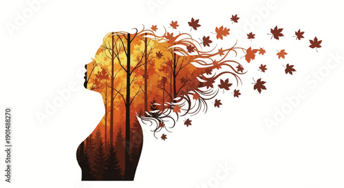 A striking silhouette of a woman s profile is creatively filled with autumnal trees and falling maple leaves evoking a sense of nature