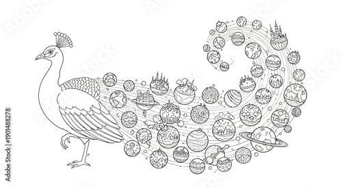 An intricate line drawing depicts a peacock with its tail feathers transformed into celestial planets and orbiting space elements high quality professional detailed modern