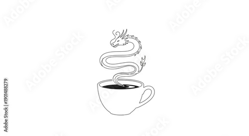 A whimsical illustration depicts a long serpentine dragon emerging from a steaming cup of coffee showcasing a creative blend high quality professional detailed modern
