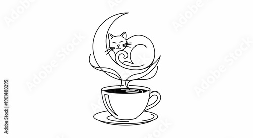 A whimsical line drawing depicts a cat curled up inside a crescent moon resting atop a steaming cup of coffee high quality professional detailed