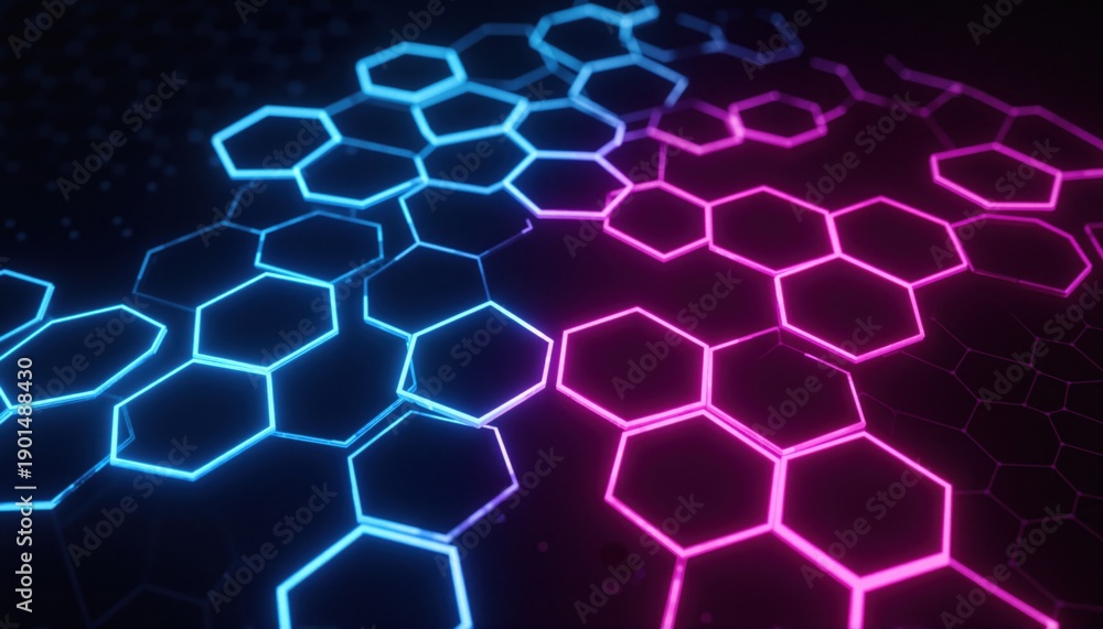 Fototapeta premium Vibrant hexagonal network with glowing edges in sapphire and magenta, floating on a dark background. 