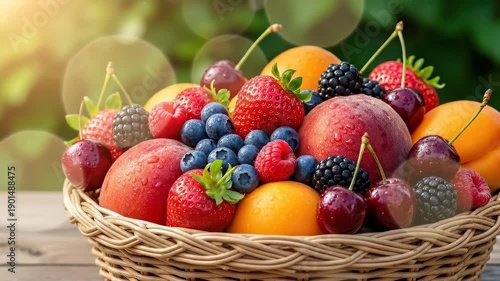 Vibrant summer fruits in sunlit basket on rustic table