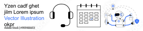 Customer support, AI automation, time management, virtual assistant, technology integration, task organization. Headset, calendar and AI robot visual. Customer support and AI automation concept