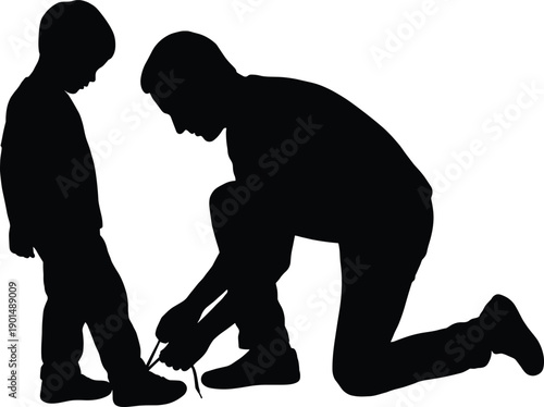 Caring parent kneeling on floor tying shoelaces of little child before school side view silhouette