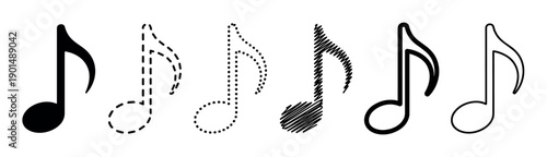 Set of six black musical eighth note icons with various graphic styles like solid, dashed, dotted, scribbled, and outlined, illustrating different design elements