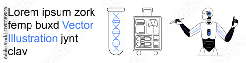 Future innovation, technology, artificial intelligence, science, futuristic robots, global travel. DNA helix, packed suitcase humanoid robot. Artificial intelligence and scientific advancements
