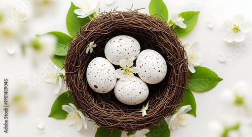 Easter day symbolism a bird's nest with eggs on floral background