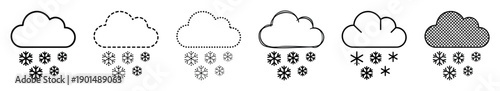 Set of black and white snow icons in various line art styles shows different graphic representations of a cloud with falling snowflakes for a winter weather forecast