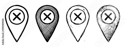 Four hand-drawn map pin icons with a cross mark inside, showcasing various sketch and doodle styles for representing a closed, deleted, or incorrect location