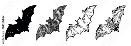 Four hand-drawn flying bat illustrations in different styles including silhouette, crosshatch, line art, and a grunge sketch for a spooky Halloween or gothic horror theme
