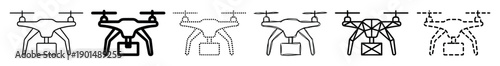 Set of black delivery drone icons carrying a package, showcasing various graphic styles like thin line, bold, dotted, dashed, sketched, and geometric for logistics concepts