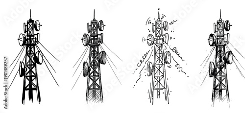 Set of four hand-drawn communication towers in a black and white sketch style, illustrating wireless network technology, signal broadcasting, and telecommunication concepts