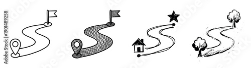Hand-drawn winding path and route map illustrations set with start and finish points like location pins, flags, and houses in a black and white doodle sketch style