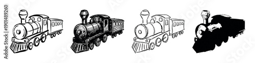 Collection of four hand-drawn steam train illustrations in various artistic styles, including simple outline, detailed crosshatching, and a bold silhouette of a vintage locomotive