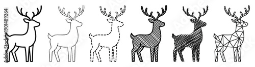 Set of six black deer illustrations showing various artistic styles including outline, dotted, dashed, hatched, scribbled, and low poly geometric design for creative projects