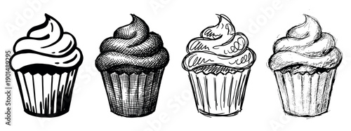 Set of four hand-drawn cupcakes illustrated in various black and white sketch styles, including cross-hatching, line art, and rough doodle for a graphic artistic element