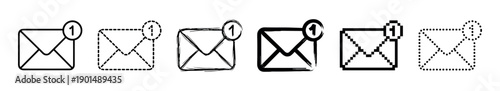 Set of six black email notification icons in various styles including line art, dashed, sketch, brush, pixel art, and dotted, showing one new unread message