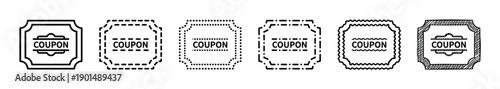 Set of six black coupon icons with various border styles including solid, dashed, dotted, wavy, and a hand-drawn sketch for promotional design elements