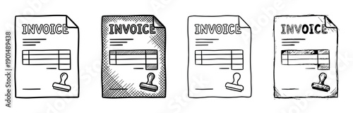 Four hand-drawn invoice document icons in a sketch style, showcasing different doodle textures for business, finance, and accounting concepts in a black and white design