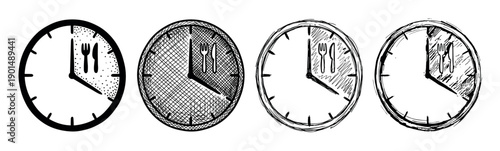 Four hand-drawn black and white clocks with fork and knife hands indicating mealtime, illustrated in various sketch styles like stippling, cross-hatching, and scribbling