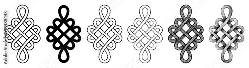 Set of six black endless knots with different graphic textures including outline, silhouette, dashed, dotted, hatched, and stippled styles for spiritual or decorative design