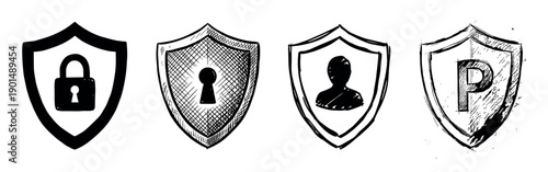 Set of four hand-drawn security shield icons in a black sketch style representing data privacy and protection concepts with a padlock, keyhole, and user profile symbol