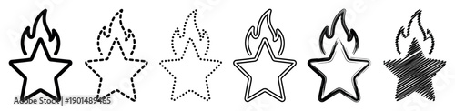 Set of six black star icons with flames showing different hand-drawn styles like outline, dashed, dotted, brush stroke, and scribble for rating or achievement concepts