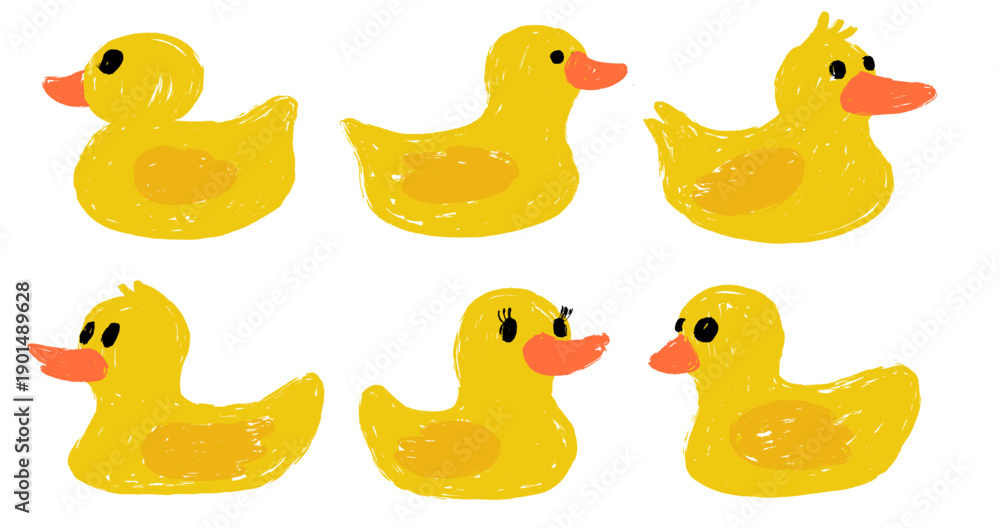 Fototapeta premium Set of cute yellow duck chick illustration isolated on white background. The duck is painted with a brush. Adorable yellow ducklings in different poses, perfect for children's. Funny yellow chickens.