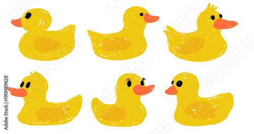 Set of cute yellow duck chick illustration isolated on white background. The duck is painted with a brush. Adorable yellow ducklings in different poses, perfect for children's. Funny yellow chickens.