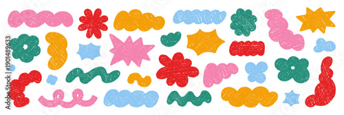 Crayon retro blob shapes doodle set. Abstract comic cloud forms and organic groovy figures in sketch style, grunge chalk texture. Hand drawn vector illustration isolated on white background