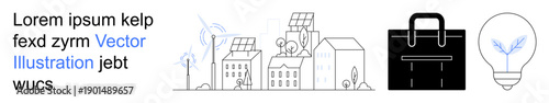 Renewable energy, environmental sustainability, urban planning, eco-friendly solutions, green technology, business focus. Cityscape with solar panels, wind turbines briefcase. Renewable energy