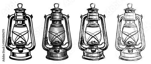 Four vintage kerosene lanterns illustrated in different hand-drawn artistic styles, including detailed engraving, rough sketch, and clean line art for a retro adventure concept