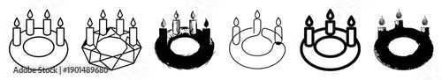 Set of six black Advent wreath icons with four candles presented in various artistic styles like line art, geometric, brush stroke, and stippled for Christmas holiday design