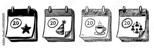 Four hand-drawn doodle style calendar icons showing the date 20 with symbols for a special event, party, coffee break, and team meeting in a sketchy black and white illustration set
