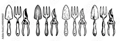 Four sets of hand-drawn gardening tools including trowels, forks, and secateurs in various sketch styles, creating a rustic black and white border illustration for horticulture