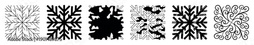 Diverse set of six black snowflake icons and graphic elements showcasing various styles like geometric, grunge, hand-drawn sketch, and ornate floral scrollwork