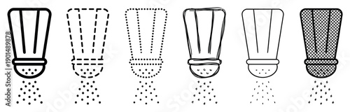 Set of six salt shaker icons in various line art styles, including solid, dashed, dotted, and hand-drawn, showing seasoning being sprinkled from each dispenser