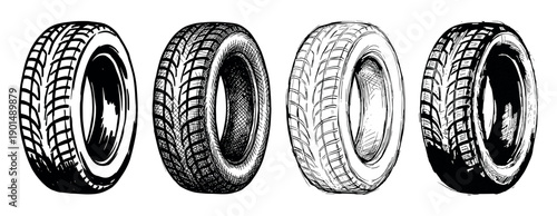 Four black and white hand-drawn car tires with different tread patterns are shown in a row, illustrated in a detailed graphic sketch style for automotive concepts