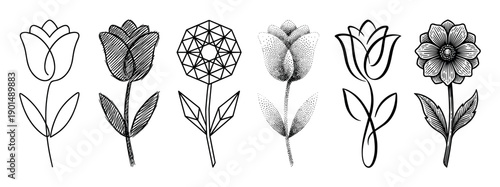 Set of six black flower illustrations in various artistic styles including minimalist line art, geometric, dotwork stippling, hatching, calligraphic, and detailed engraving
