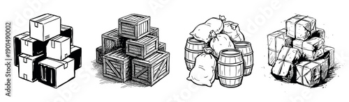 Set of hand-drawn cargo piles including cardboard boxes, wooden crates, barrels with sacks, and wrapped parcels in a black and white sketch illustration style